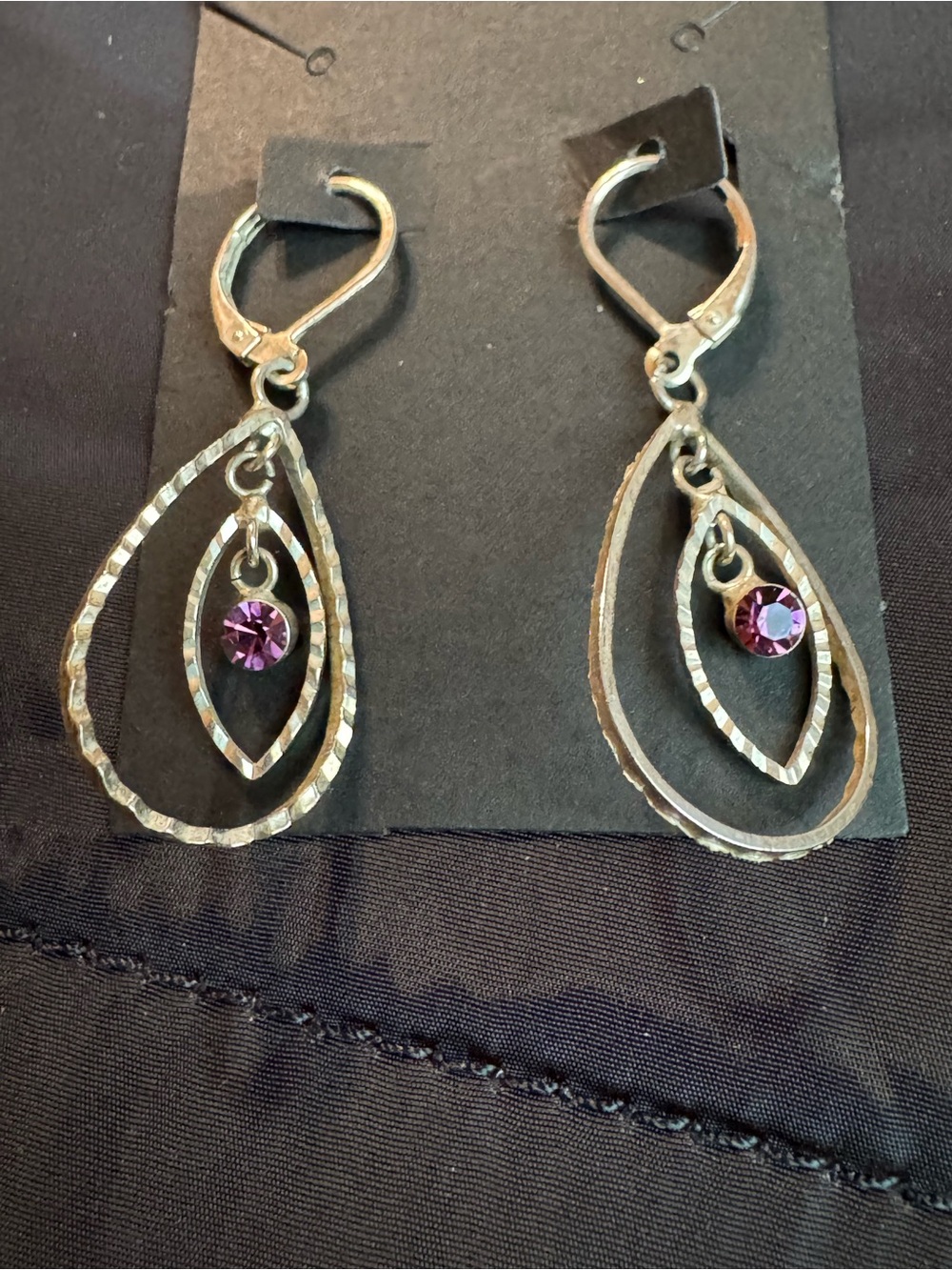 Silver Teardrop Dangle Earrings with Purple Crystal Accent - Picture 2 of 2